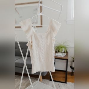 White Target Knit Sweater Shirt with Ruffled Sleeve